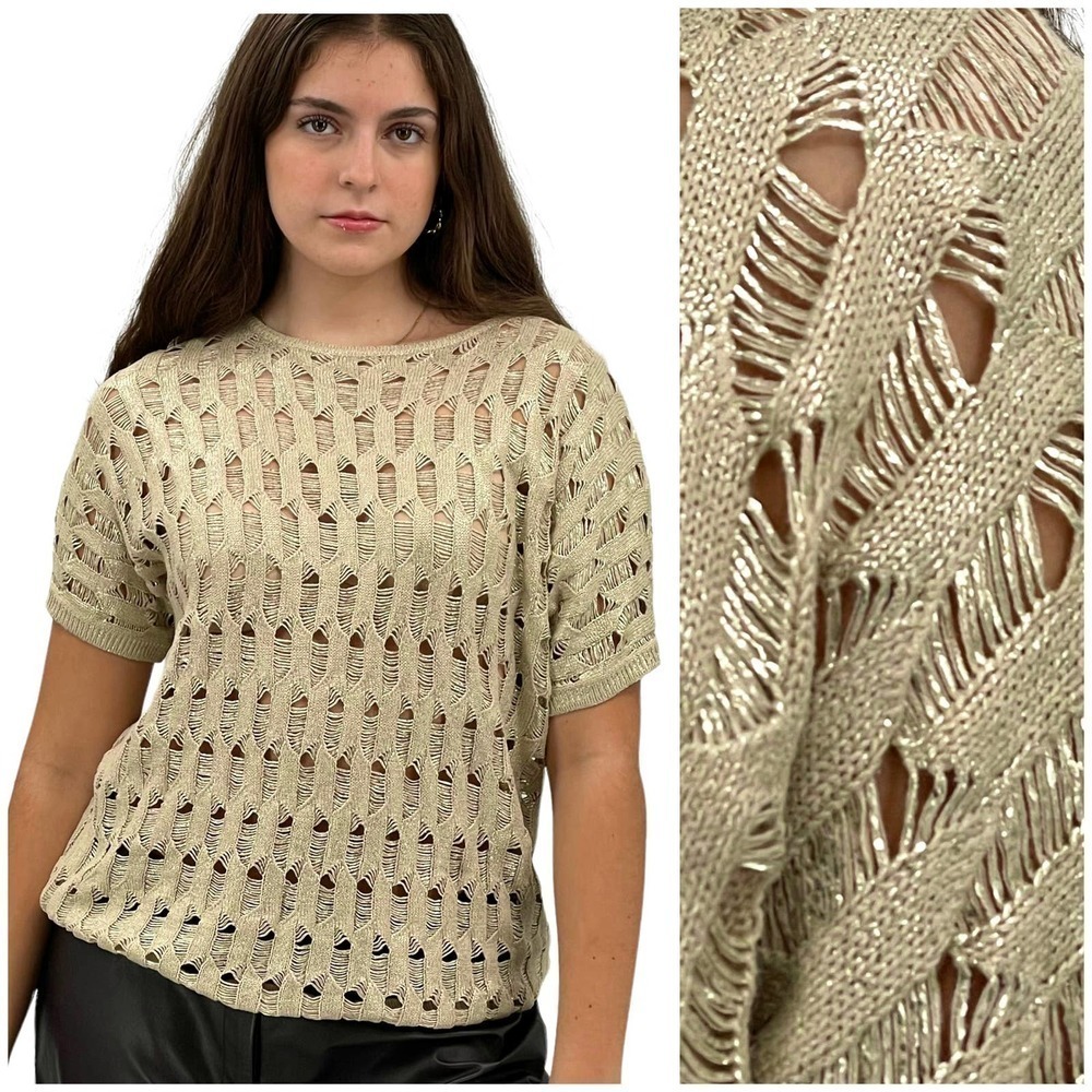 Chico's Short Sleeve Sweater Gold Shimmer Metallic Loose Knit 100% Cotton | 2